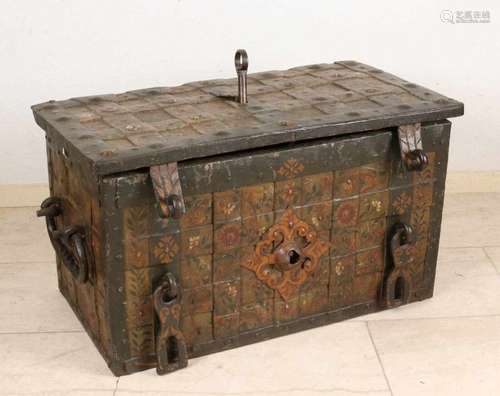 Large 17th century German iron money box with original polychrome, lock and key. Locking points