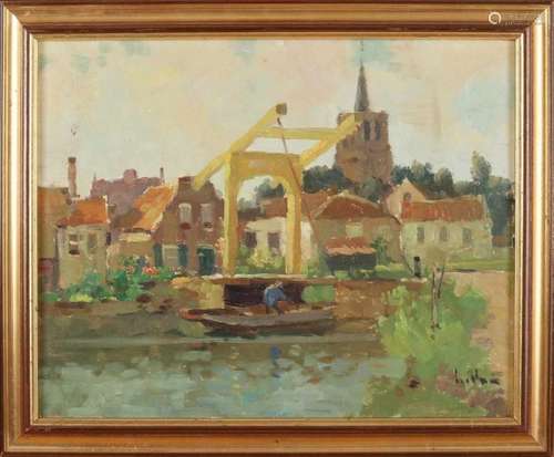 Unclear signed. Circa 1930. Village with boat, figure and drawbridge. Oil paint on linen. Size: 40 x