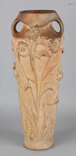 Large antique terracotta art nouveau vase. Signed Rorback? No. 2008. Whipped floral decor. Size: H