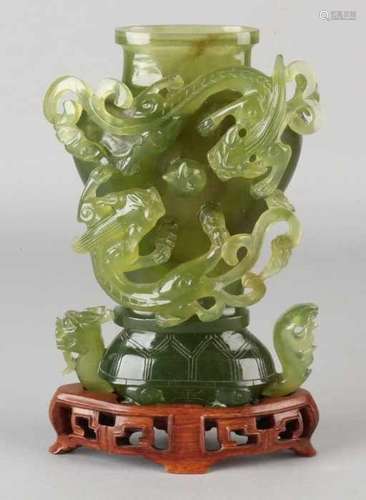 Old / antique large Chinese green jade dragon vase with wood-stained console. Size: 21 x 12 x 8