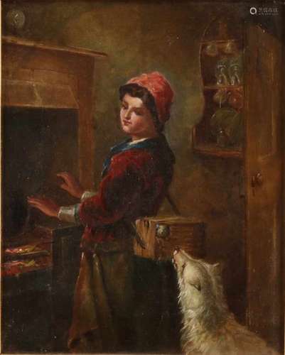 J. Loecker. 19th century. Woman warms up at fireplace with dog. Oil paint on linen. Size: 31 x 25