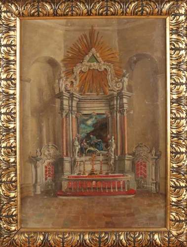 L. Thron. Circa 1920. Church altar. Oil paint on linen. Size: 35 x 40 cm. In good condition. L.