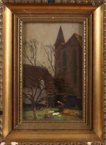 Ype Wenning. 1879-1959. Binnenhof behind church with figure. Oil paint on panel. Size: 22 x 14 cm.