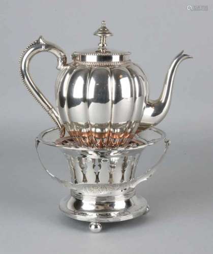 Silver kettle with stove, 833/000, jug with cannelures, decorated with pearl edges and a curled