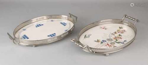 Two smaller Jugendstil ceramic trays with nickel-plated edges. Circa 1915. One leg loose. Size: 34 -