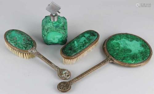 Four-piece dressing table set with malachite, floral with putti and brass. Size: 17 - 37 cm. In good