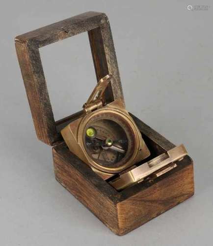 Antique English brass + copper ship's compass in holder. Kelvin & Hughes London. Size: 3.5 x 6 x 5.5