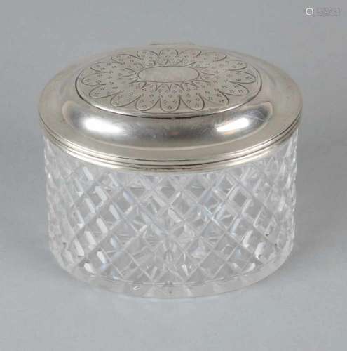 Oval crystal tea caddy with French-style shavings with silver lid with ribbed edge and engraved