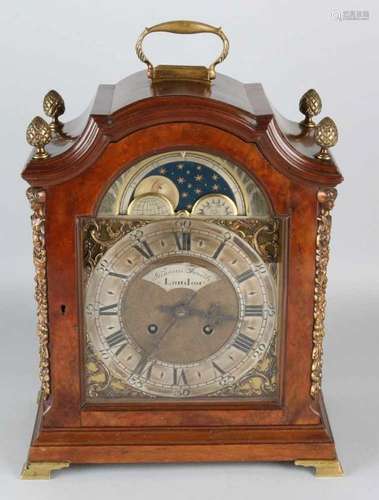 Large antique English walnut table clock with moon stand and bronze frames. Circa 1900 - 1920. Size: