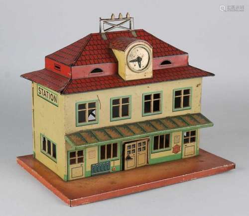 Antique German tin toy station. Signed Foreign. Circa 1930. Size: 21 x 24 x 17 cm. In reasonable /