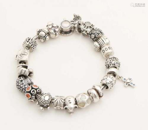 Silver bracelet with charms, 925/000, Pandora bracelet, 20 cm with pandora lock, with 16 Pandora