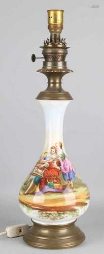 Antique porcelain electrified oil lamp with image. Three figures catch birds with strained net.