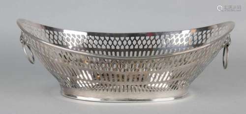 Silver bread basket, 833/000, open-worked barge model with a slate pattern, placed on an oval base