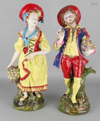 Two large German Sitzendorf porcelain figures in Jugendstil colors. 20th century. Handpainted by