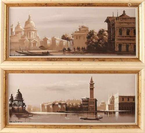 Signed twice unclearly. Pendant. Circa 1970. Cityscapes Venice. Oil paint on linen. Size: 20 x 50