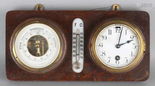 Antique weather station with clock. Eight-day movement. Circa 1920. Barometer / thermometer + clock.