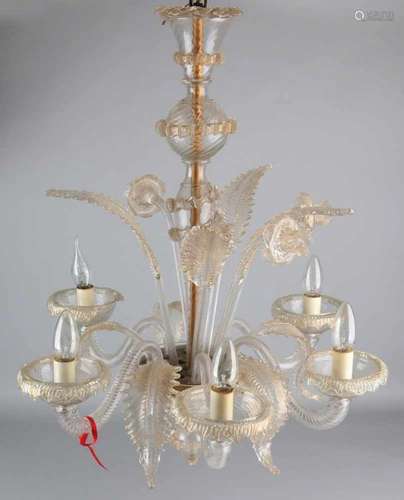 Old Italian glass Venetian Murano hanging lamp. 20th century. Damages. Size: approx. 80 x 50 cm ø.