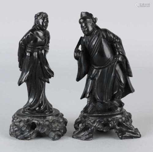 Two antique black lava stones Chinese figures. Circa 1900. Minimum chips possible. Size: about 14