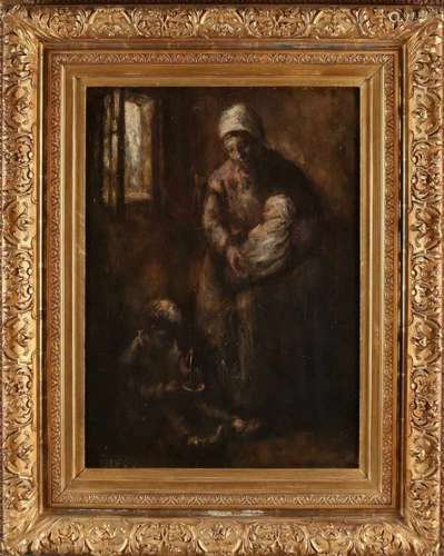 Signed ORR. Possibly Louis Orr. America 1879 - 1961. Farmers interior, mother with children. Oil