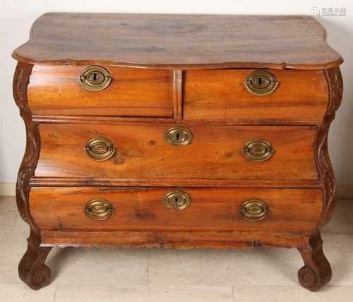 Dutch 18th century double bent elm wood Baroque chest of drawers with brass fittings. Louis