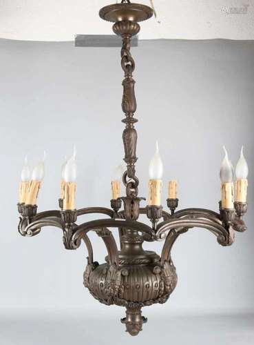 Large antique bronze hanging lamp with crowned lion heads. Ten-light. Circa 1920. Size: 100 x 70