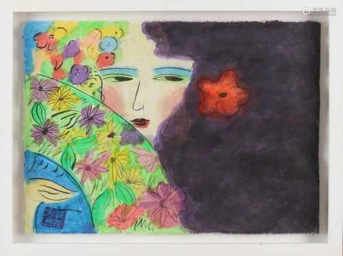 Wallasse Ting ?. Woman face with flowers. Watercolor on paper. Size: 41 x 30 cm. In good