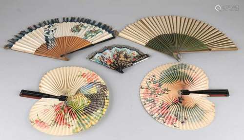 Five old fans. 20th century. Consisting of: Two European hand-painted lithographs. Two times Chinese