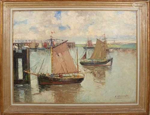 Leopold Leconte. 1890 - 1963. French harbor sight. Oil paint on linen. Size: 105 x 80 cm. In