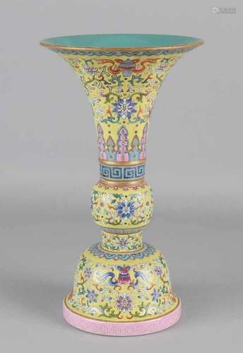 Old Chinese porcelain Family Rose vase, two-piece. With brand seal on side neck. Imperial yellow,