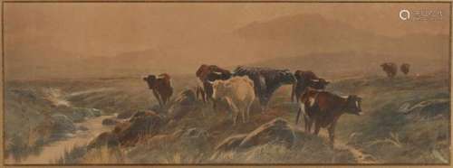 Unclear. English School. Circa 1910. Scottish Highlands with cows. Lithography on paper. Size: 13