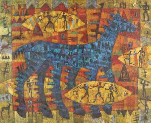 Maciej Urbaniec. 1925 - 2004. Poland. African performance with warriors. Oil paint on linen. Size: