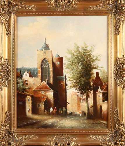 W. Nitboer. Romantic Dutch cityscape with figures. Oil paint on linen. Size: 40 x 50 cm. In good