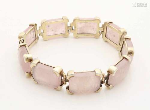 Silver link bracelet, 925/000, set with 9 rectangular cabuchon cut rose quartz stones, 13x18mm, with