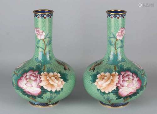 Two old Japanese cloisonne pipe vases with peonies and bird. First half of 20th century. Size: 26