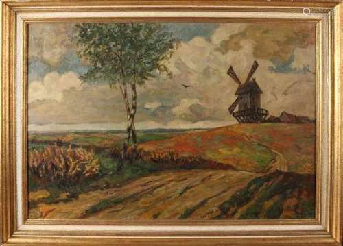 Unclear signed. Circa 1930. Landscape with mill and birch trees. Verso label Kunsthandel Borzo - '