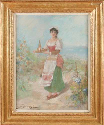 Eisman Semenowsky Paris. 1857-1911. Lady with tray in dunes. Pastel on paper. Size: 43.5 x 31.7