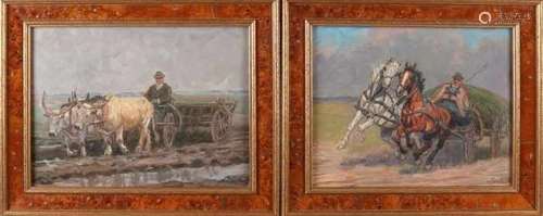 Signed twice. Hungarian school. Second half of the 20th century. Ox cart + horse span with farmer.