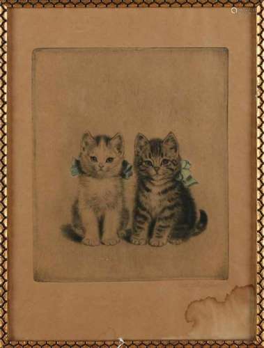 Meta Plückebaum. 1876 ​​- 1945. German School. Two kittens with bow. Etching on paper. Size: 28 x 23