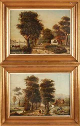 Two times Dutch school, pendant. 19th century. Unclear monogram. Landscapes with figures. Oil