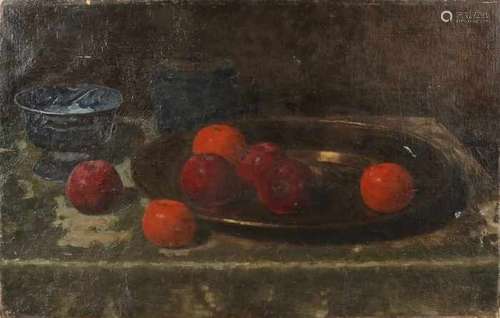 Berends. Circa 1900. Still life with tin and fruit. Oil paint on linen. Size: 50 x 74 cm. In good