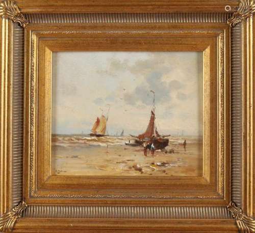 H. Balman. 21st century. Fishing boat and fisherman people on beach. Oil paint on panel. Size: 25