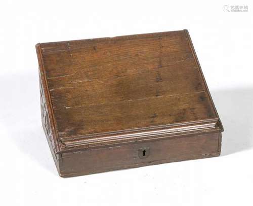 German 18th century oak writing case with carving on the sides, antique lock + fittings. Size: 31