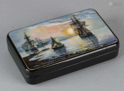 Large old Russian hand-painted lacquerware box with mother-of-pearl and shipping decor. Signed.