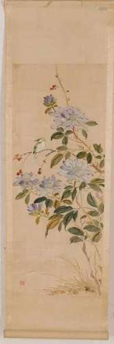 Antique Chinese signed handpainted scroll painting with bird in blossom bosschage. Watercolor on