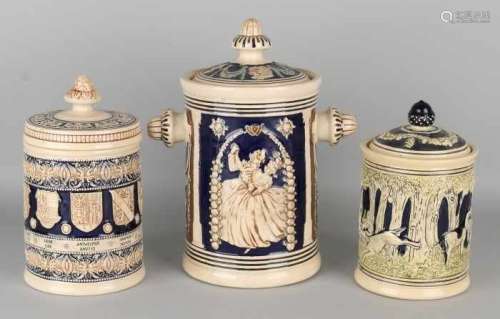 Three antique Westerwald stoneware covered jar with various decors. Size: 20 - 29 cm. In good
