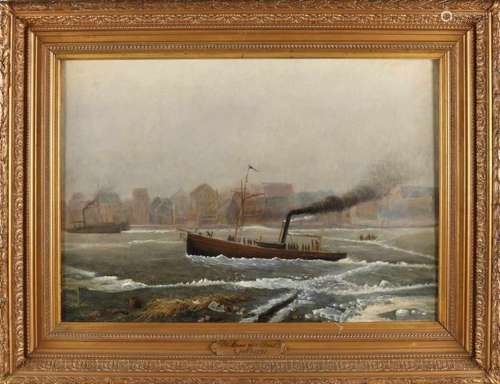 H. Kramer? Dutch School. 19th century. Icebreaker on river. Oil paint on linen. Size: 50 x 70 cm. In