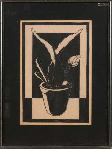 Unclear signed. Circa 1930. Woodcut. Flowerpot with cactus. Woodcut on paper. Size: 31 x 21 cm. In