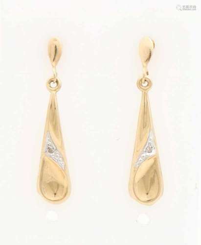 Yellow gold earrings, 585/000, with diamonds. Ear studs with underneath a pear-shaped pendant with