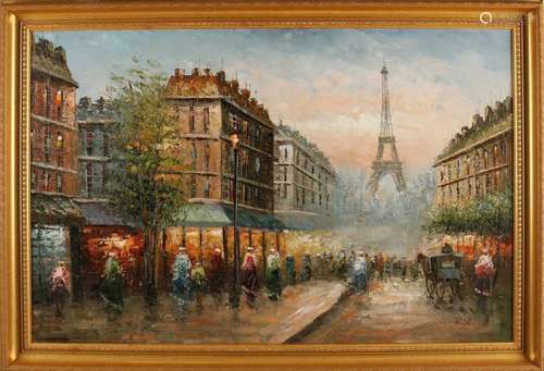 Unclear signed. 20th century. Paris cityscape with eiffel tower and figures. Oil paint on linen.