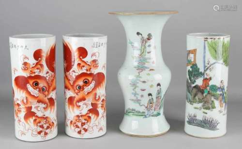 Four antique Chinese porcelain vases with figures, texts, Foo-dogs decor. 19th century. Large